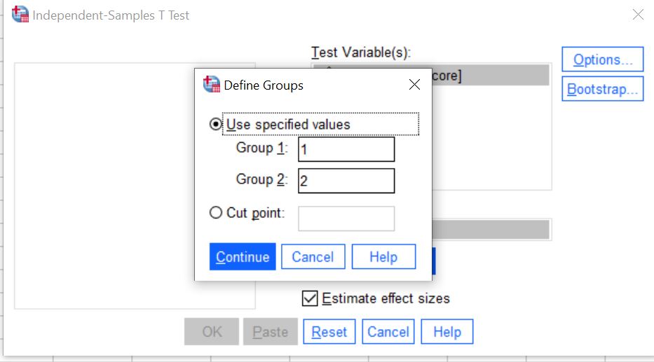Define Groups window with 1 and 2 entered
