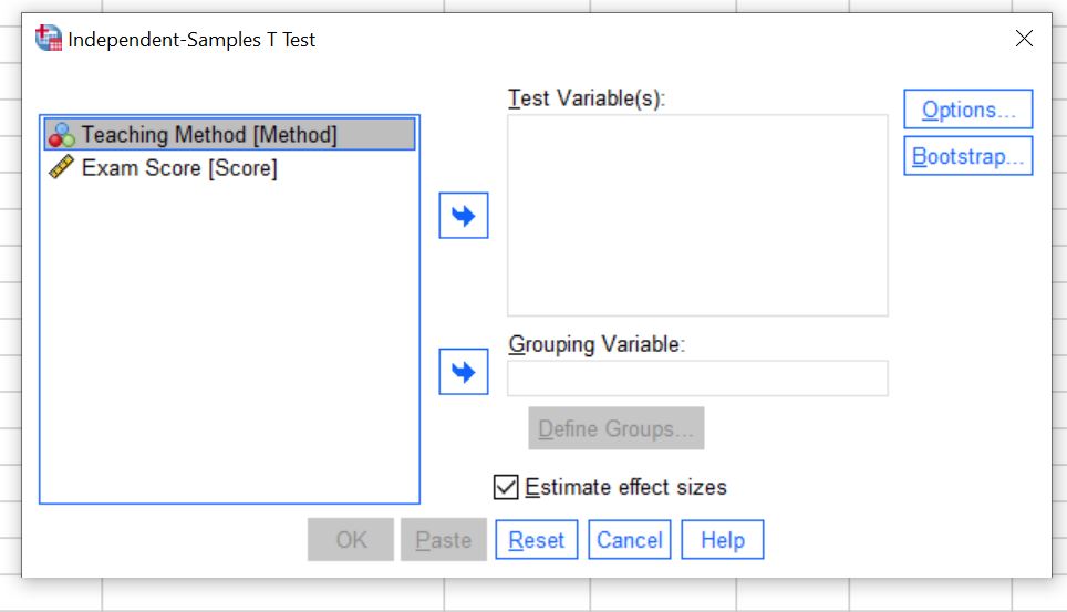 Dialog box after clicking the Analyze-Compare means -independent Samples T Test