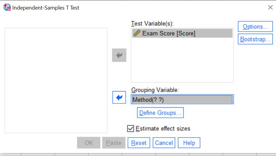 Dialog box with Score in Test Variable(s) and Method in Grouping Variable