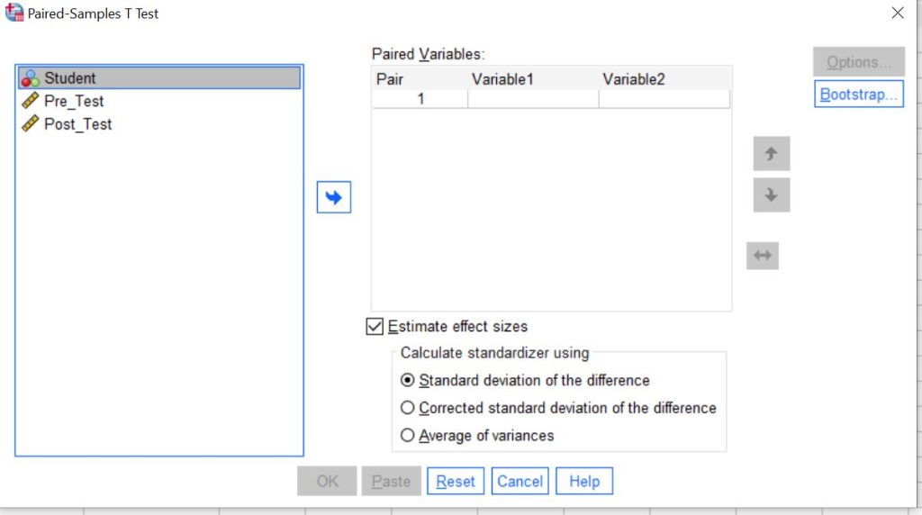 Screenshot of the SPSS top menu path: Analyze → Compare Means → Paired-Samples T Test.