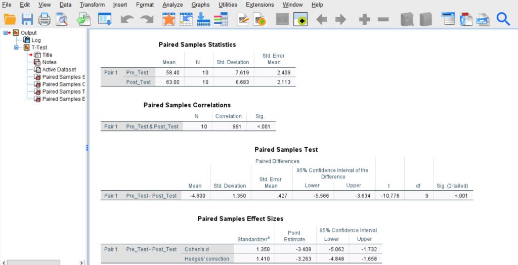 Screenshot showing paired t-test SPSS Outputs after you click OK