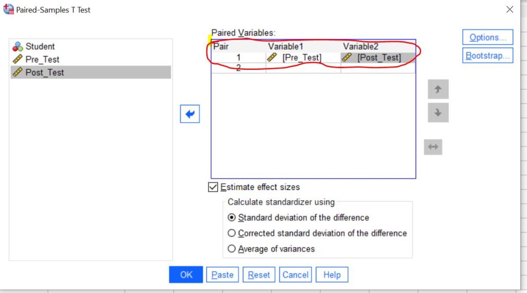 Screenshot of the Paired-Samples T Test dialog box showing Pre_Test and Post_Test moved into the paired variables area.