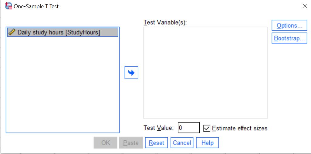 Dialog box after clicking analyze > compare means > one-sample t-test