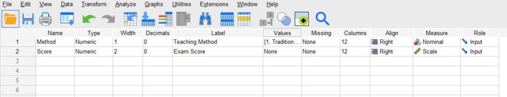 Variable view showing how you should set the variables in SPSS after import