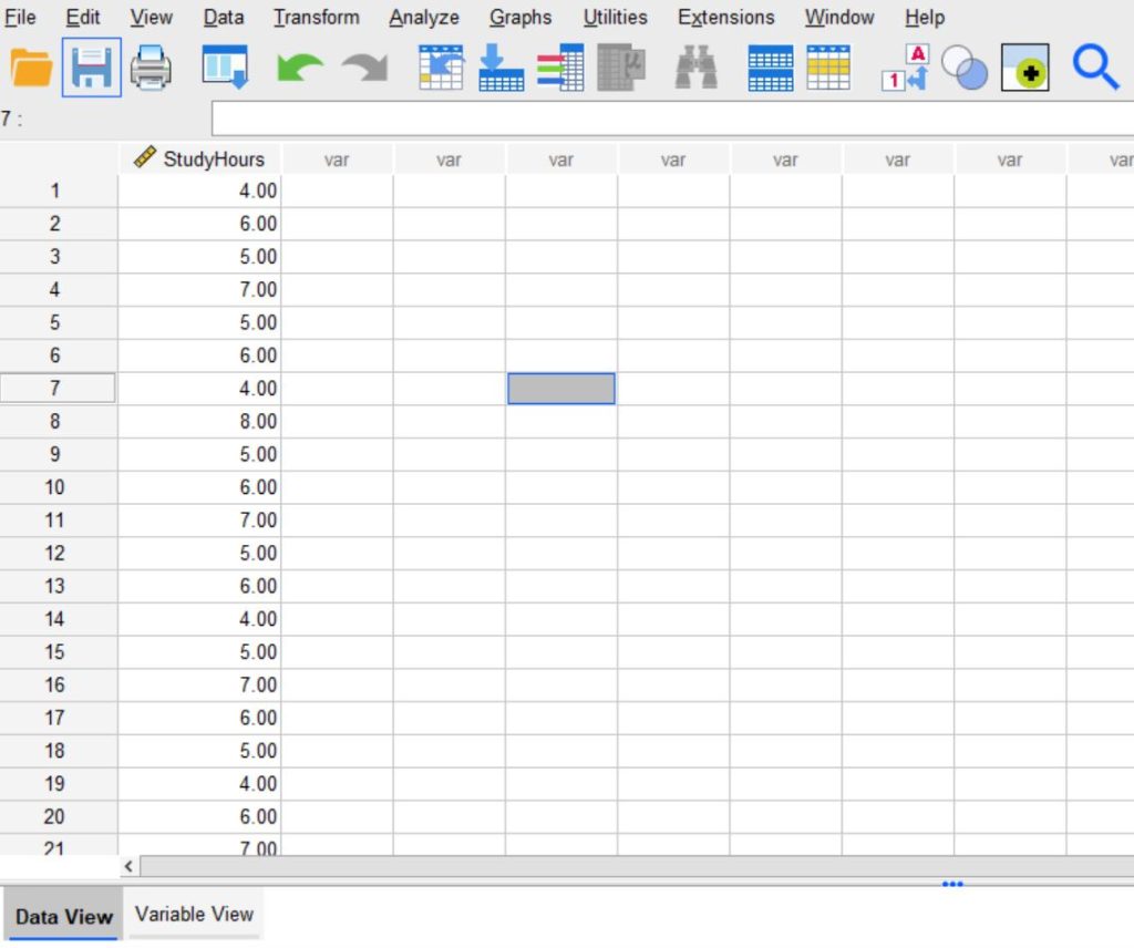 one-sample t-test spss-data (data view)