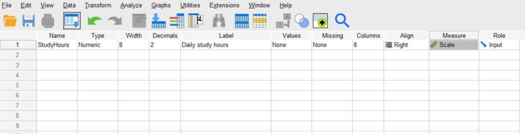 one-sample t-test spss data - variable view